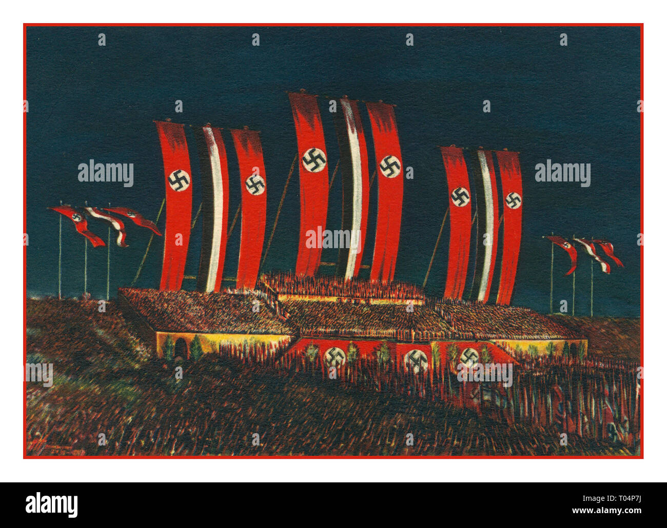 Norimberga 1930 illustrazione della Germania nazista i raduni di Norimberga Simbolismo in opere d'arte. La rappresentazione del Terzo Reich raduni e il simbolico svastica bandiera. Un violento fascino con il fascismo tedesco guidato dal leader nazista Adolf Hitler Foto Stock