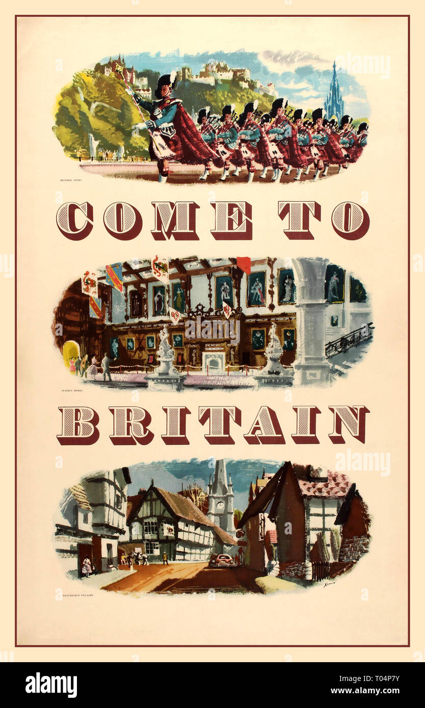 Original vintage travel poster pubblicitario pubblicato dalla British viaggi e vacanze associazione intesa a promuovere le varie attrazioni turistiche per i visitatori in Gran Bretagna. Grande design con le tre immagini - una sfilata delle Guardie scozzesi di fronte al Castello di Edimburgo sulla cima di una collina; una vista interna di una casa nobiliare decorate con dipinti a olio, bandiere e sculture; e una strada tranquilla con case storiche in un piccolo e pittoresco villaggio - REGNO UNITO. 1955 Foto Stock Original vintage travel poster pubblicitario pubblicato dalla British viaggi e vacanze associazione intesa a promuovere le varie attrazioni turistiche per i visitatori in Gran Bretagna. Grande design con le tre immagini - una sfilata delle Guardie scozzesi di fronte al Castello di Edimburgo sulla cima di una collina; una vista interna di una casa nobiliare decorate con dipinti a olio, bandiere e sculture; e una strada tranquilla con case storiche in un piccolo e pittoresco villaggio - REGNO UNITO. 1955 Foto Stock