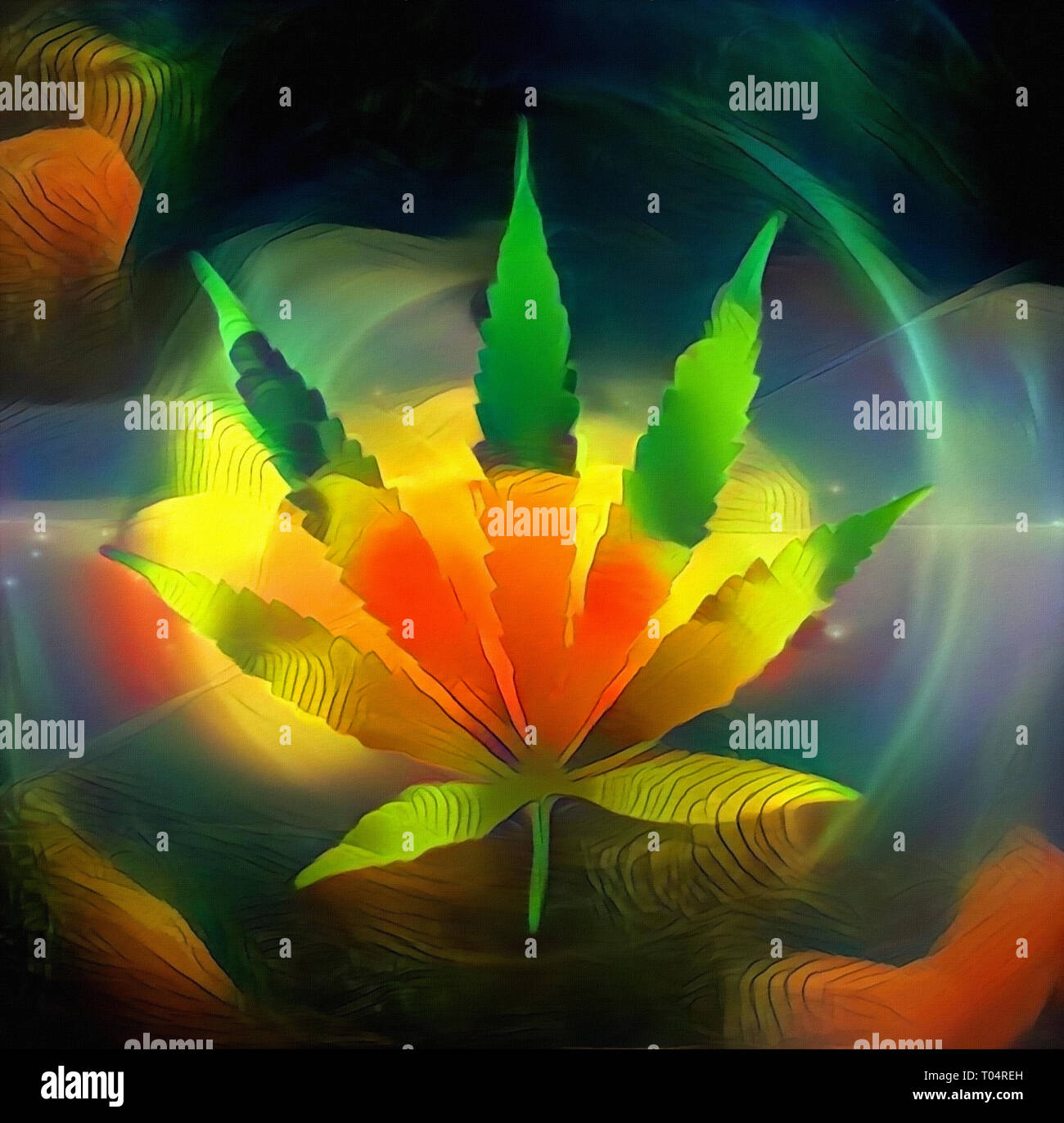 Foglia di marijuana su colorato sfondo psichedelico Foto Stock