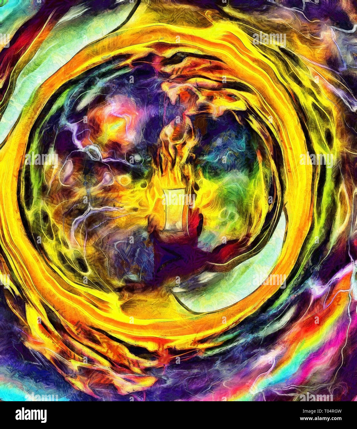 Pittura surreale. Testa di masterizzazione con sportello aperto. Abstract background. Foto Stock