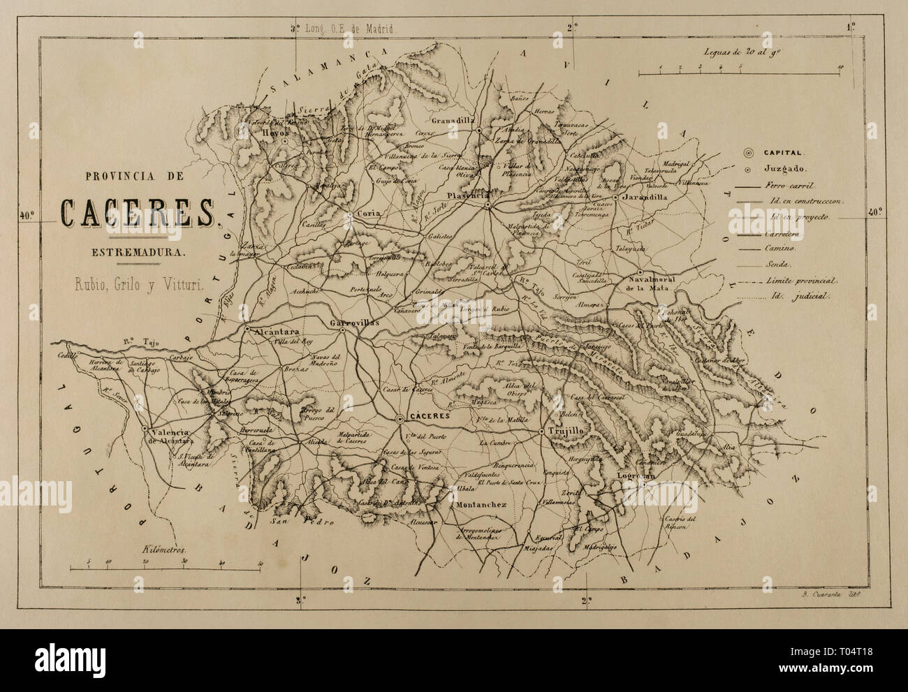 Mappa della provincia di Cáceres, Estremadura, Spagna. Episodio della cronica General de España, Historia Ilustrada y Descriptiva de sus Provincias. Estremadura, 1870. Foto Stock