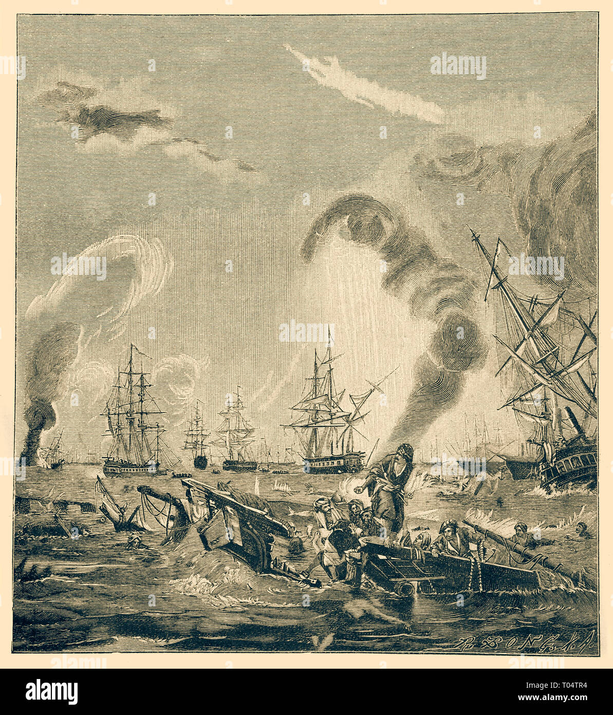 Battaglia di Navarin, 20 ottobre 1827 dal dipinto da Sh. Linglois Versailles / Galleria /,igital riproduzione migliorata da illustrato panoramica della vita dell'umanità nel secolo XIX, 1901 edition, Marx casa editrice, San Pietroburgo. Foto Stock