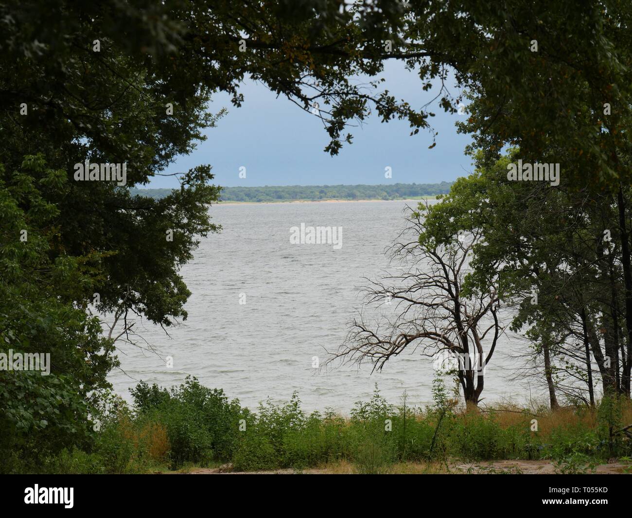 Lago Texoma incorniciato da alberi e piante visto da un roadend in Preston Bend, Texas Foto Stock