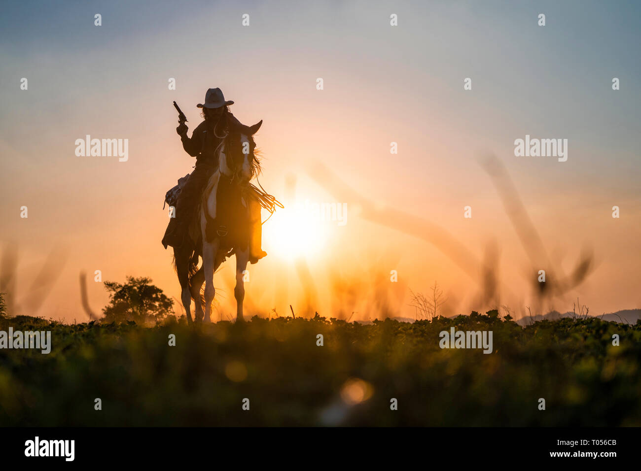 Silhouette cowboy sparare una pistola su un cavallo in sunset Foto Stock