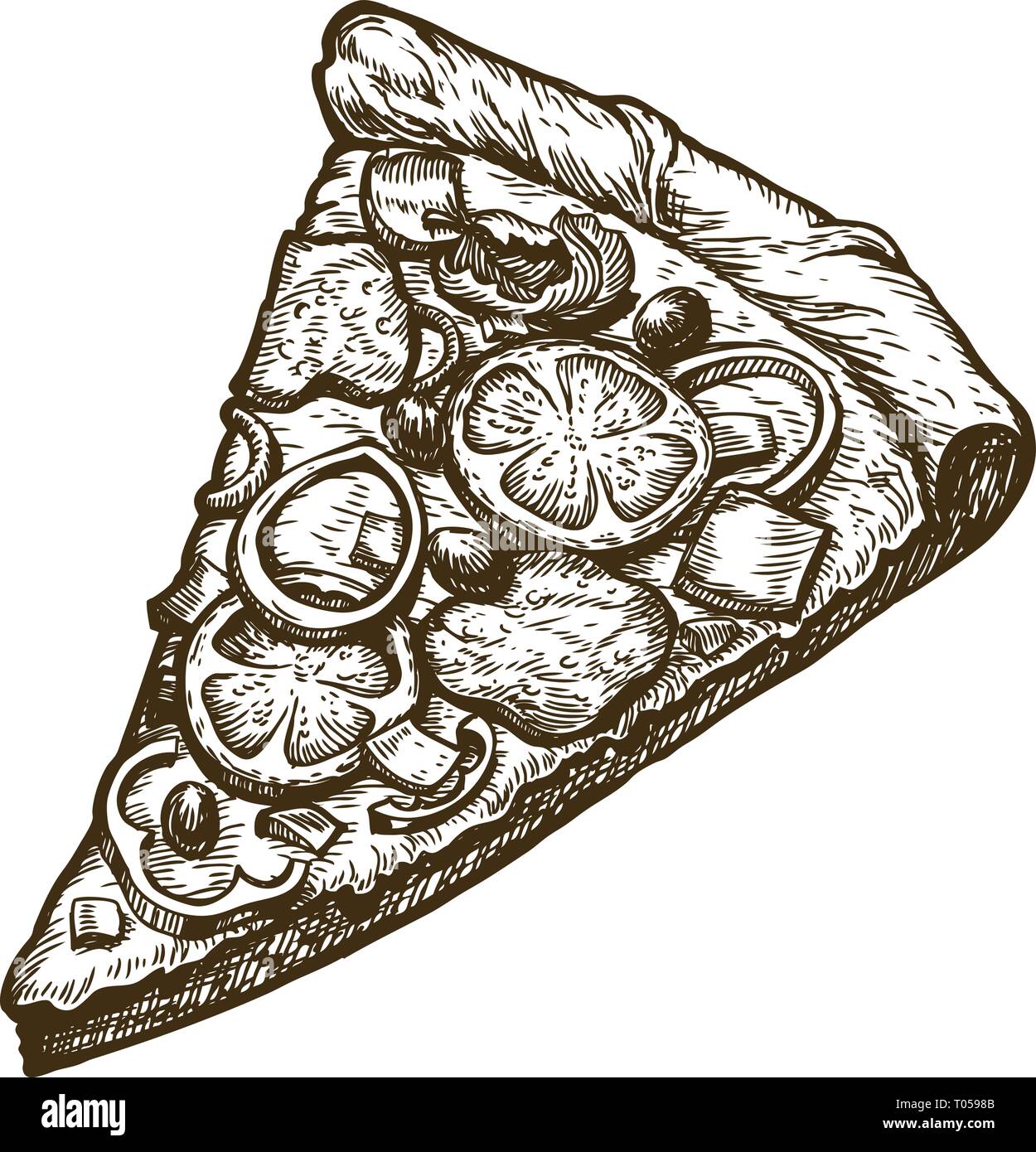 Disegnata a mano un trancio di pizza. Cibo, menu italiano. Schizzo illustrazione vettoriale Illustrazione Vettoriale