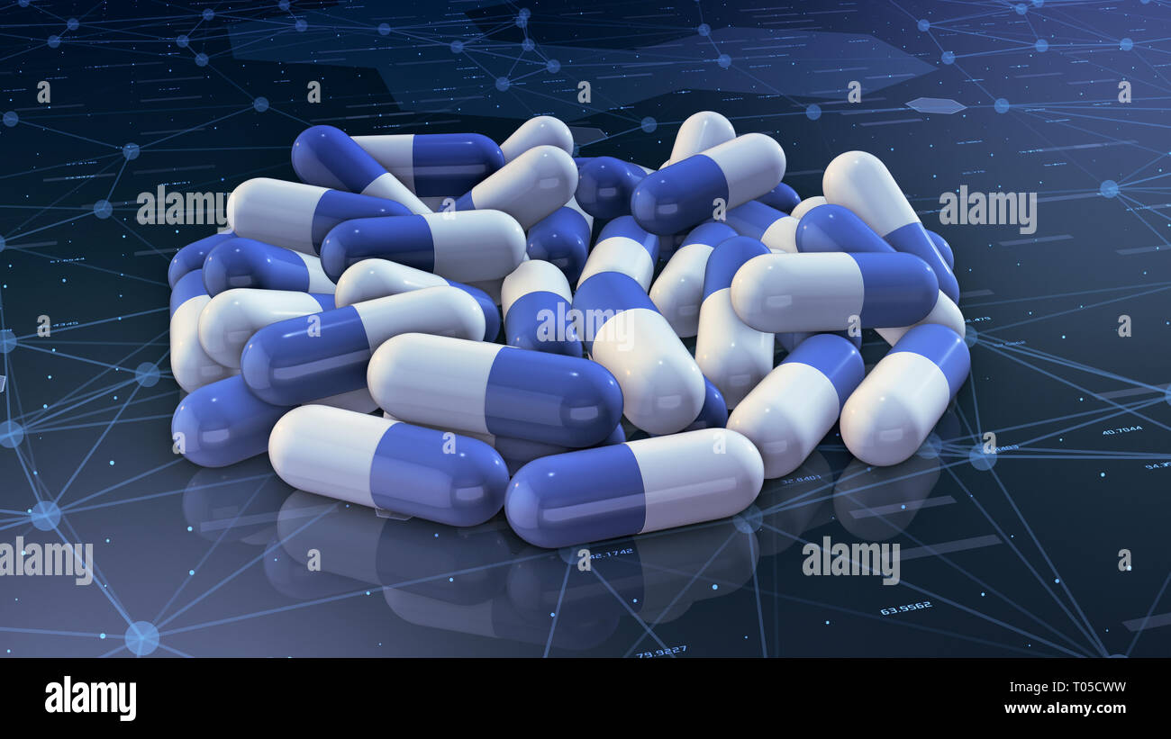 Pila di pillole di medici su sfondo astratto, il concetto di scienza e tecnologia (3d rendering) Foto Stock