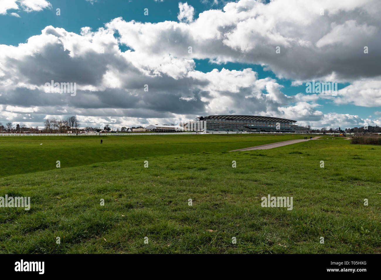 Ascot, Inghilterra - Marzo 17, 2019: vista dell'iconico British Ascot Racecourse heath, noto per le sue corse di cavalli. Foto Stock