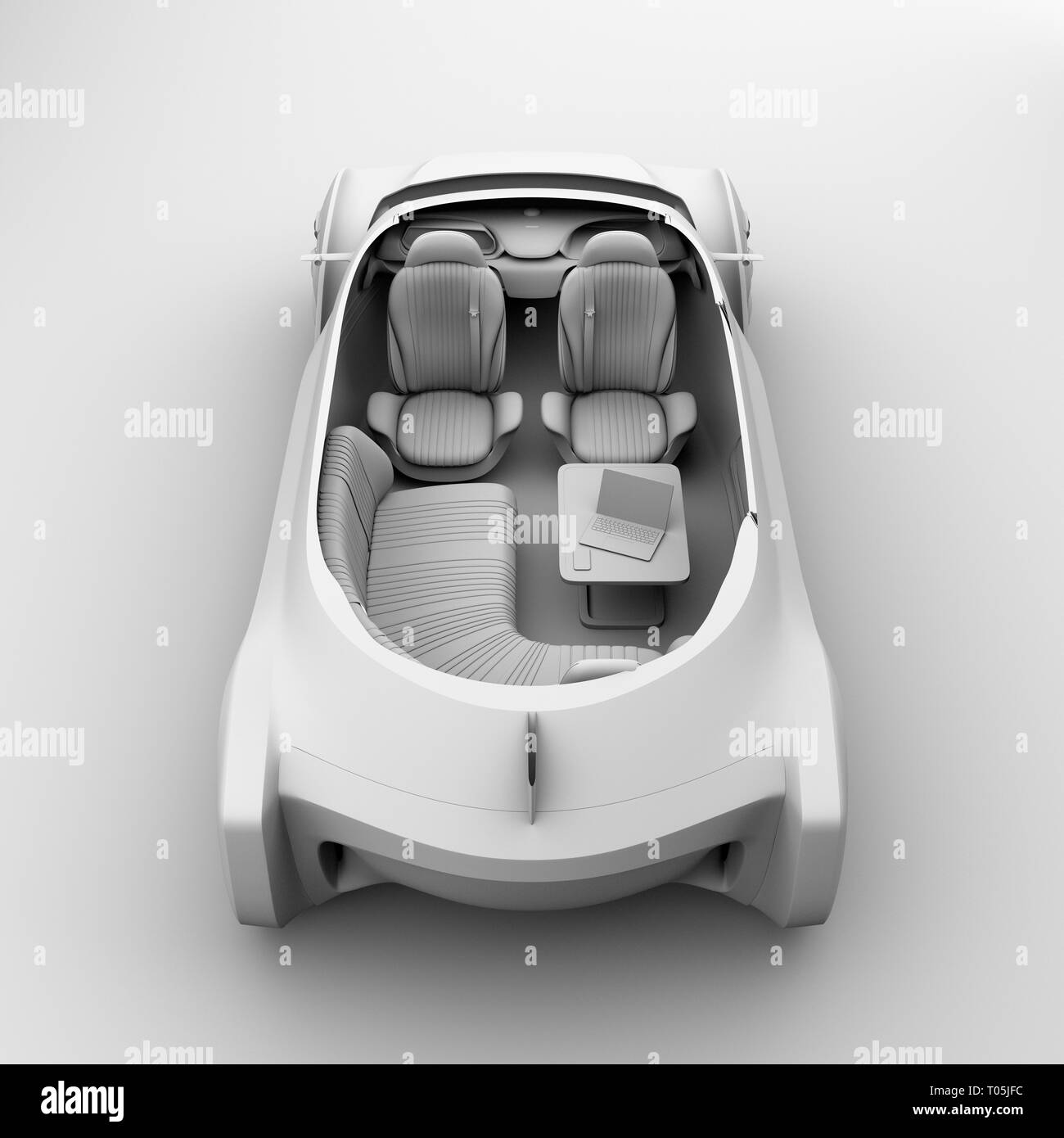 In spaccato il rendering di argilla auto guidando una vettura elettrica interna. Sedia a sdraio ed i sedili rivolti all'indietro. Il rendering 3D'immagine. Foto Stock