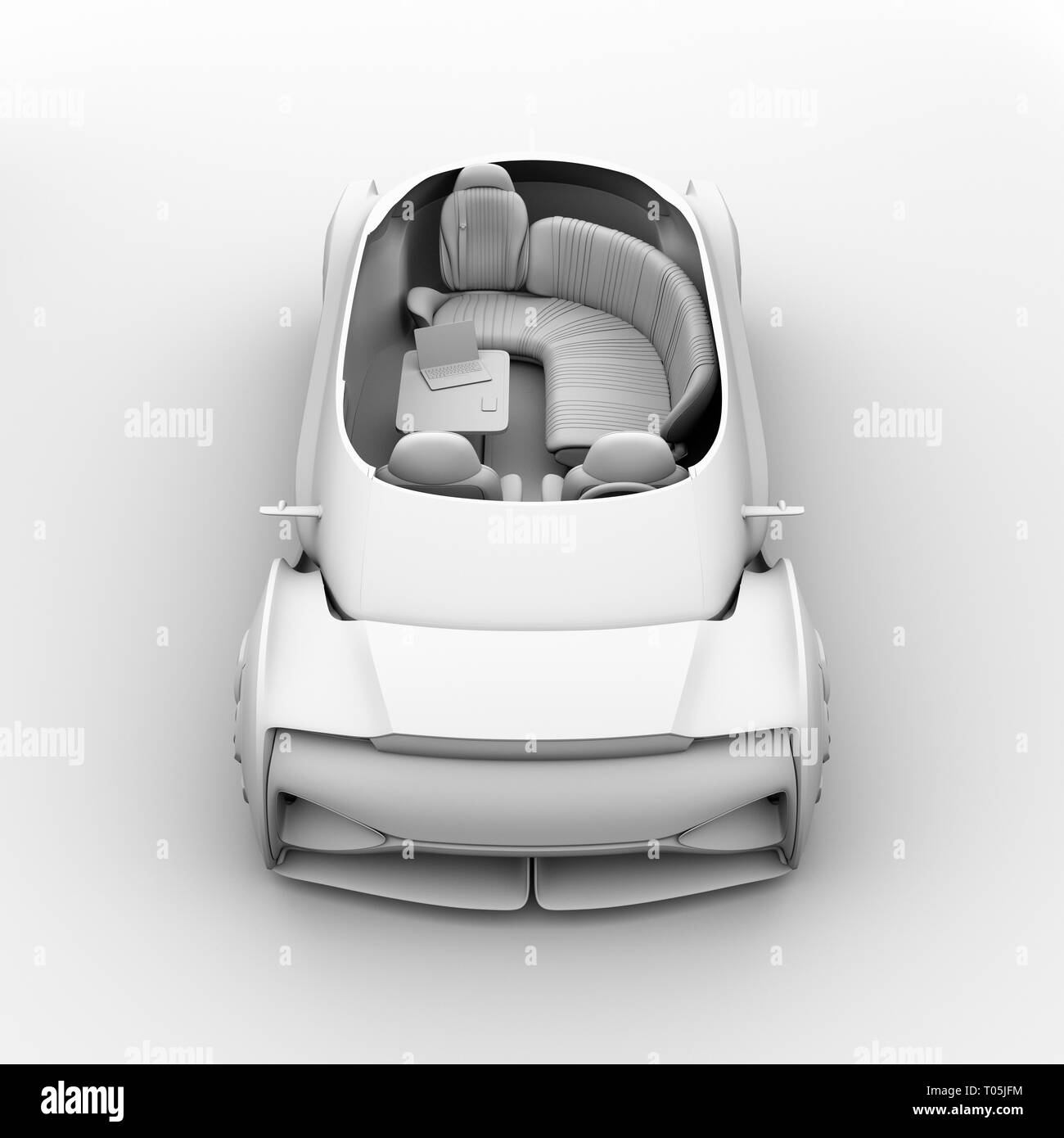 In spaccato il rendering di argilla auto guidando una vettura elettrica interna. Sedia a sdraio ed i sedili rivolti all'indietro. Il rendering 3D'immagine. Foto Stock