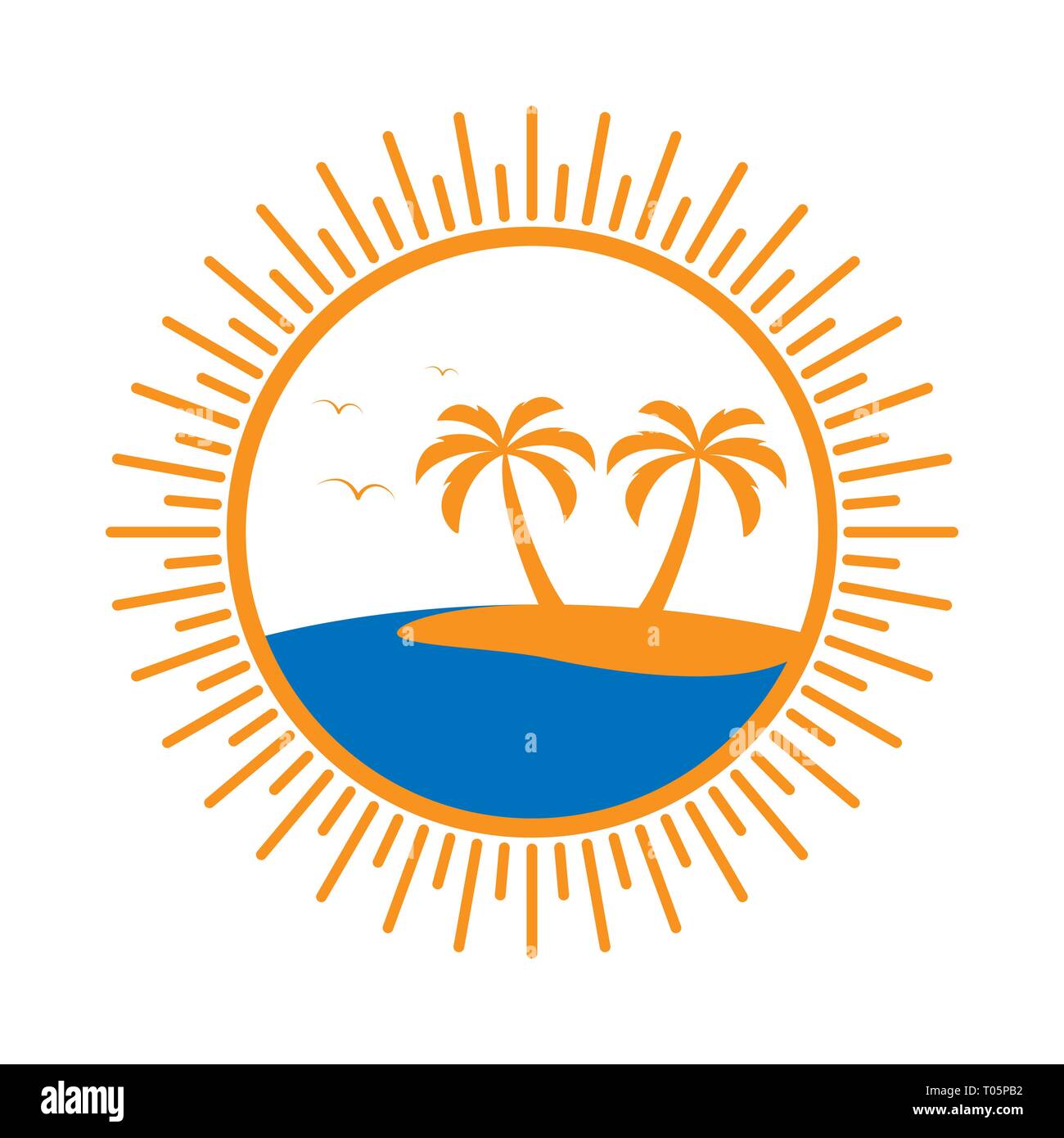 Semplice logo rotondo con palme e mare. Illustrazione Vettoriale