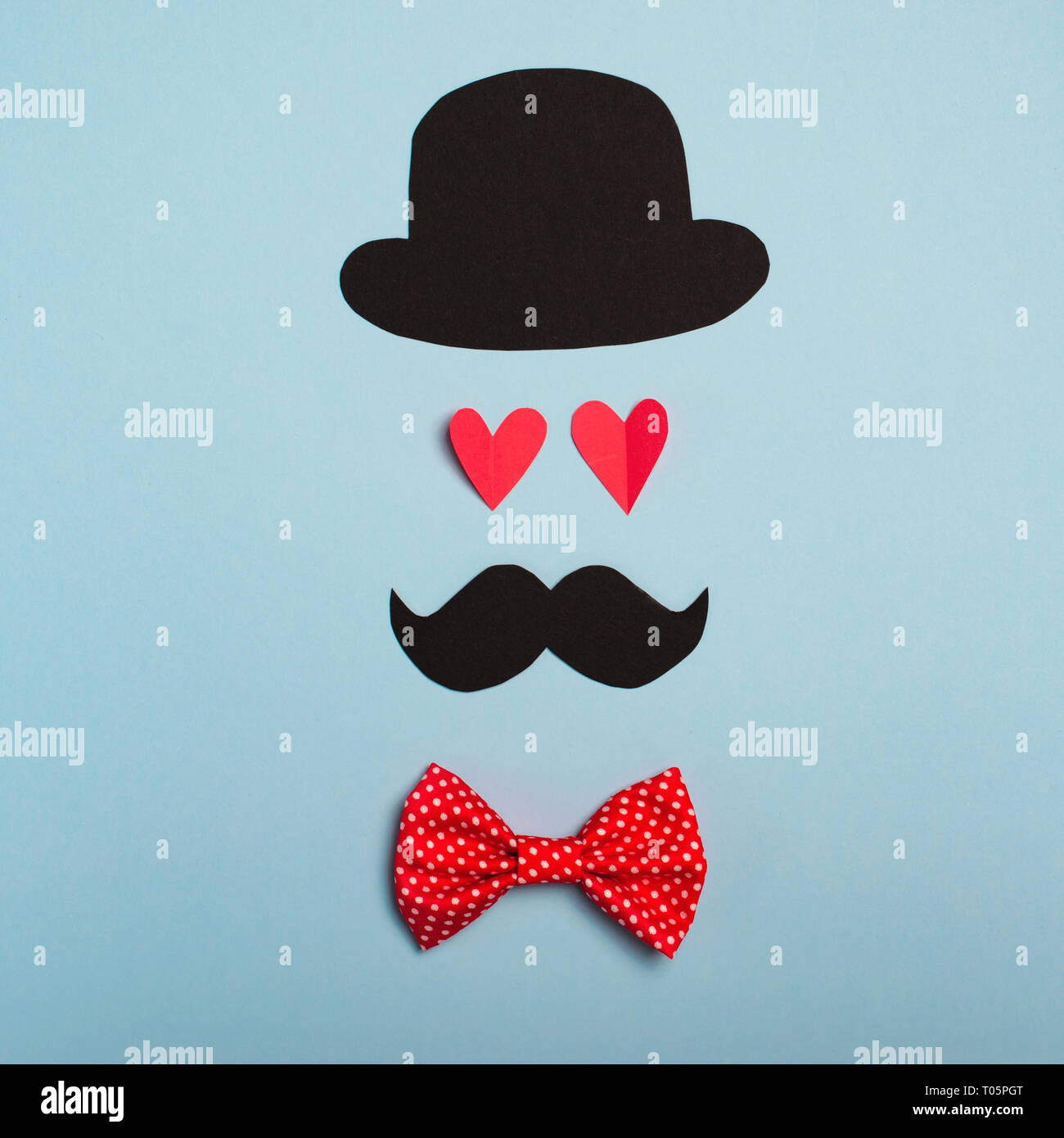 Silhouette maschio, baffi, cappello e occhi Heart-Shaped, intelligente, Uomo nel concetto di amore sfondo Foto Stock