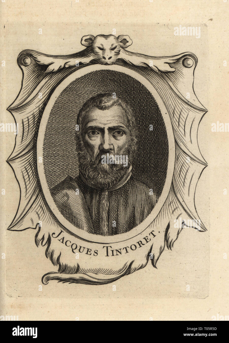Ritratto di Tintoretto, pittore italiano di scuola veneziana 1518-1594. Jacques Tintoret. Incisione su rame dopo un autoritratto del Tintoretto da Antoine-Joseph Dezallier D'Argenville's Abrege de la vie des plus fameux peintres", la vita dei più famosi artisti, de Bure l'Aine, Parigi, 1762. Foto Stock