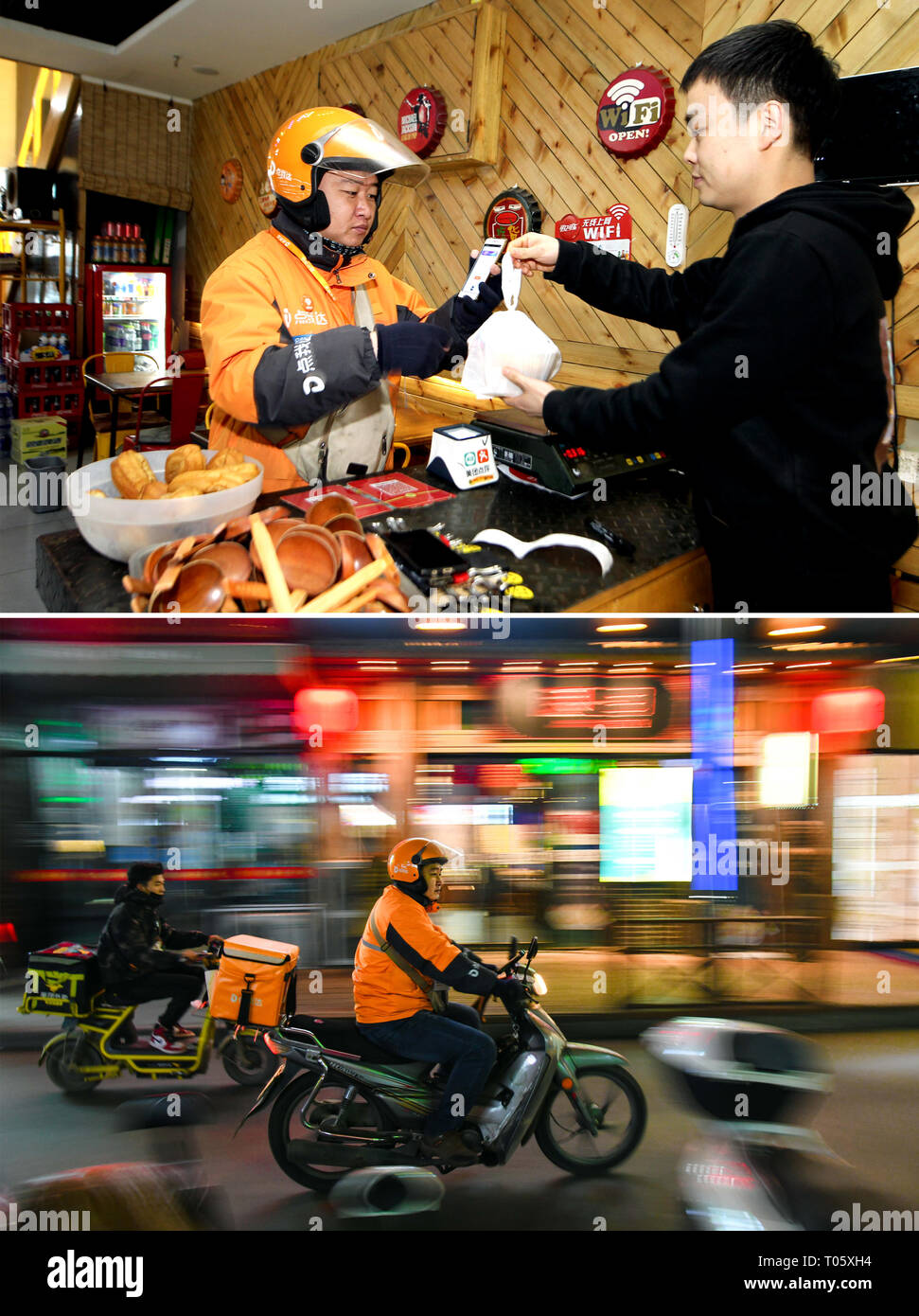 Jinan. Xvii Mar, 2019. Questa combinazione mostra fotografica di non udenti deliveryman Yang Pengpeng prelevare il cibo ordinato da un ristorante, Marzo 14, 2019 (superiore, prese da sole Shubao) e Yang in sella a fornire cibo il Nov 8, 2018 (inferiore, prese da Guo Xulei) nel distretto di Kuiwen di Weifang, est della Cina di Provincia dello Shandong. Nonostante la sua disabilità, Yang spera di acquistare un appartamento attraverso i propri sforzi. È il lavoro comune persone cinesi che stanno ora lavorando duro per soddisfare il sogno cinese di ringiovanimento nazionale. Credito: Xinhua/Alamy Live News Foto Stock