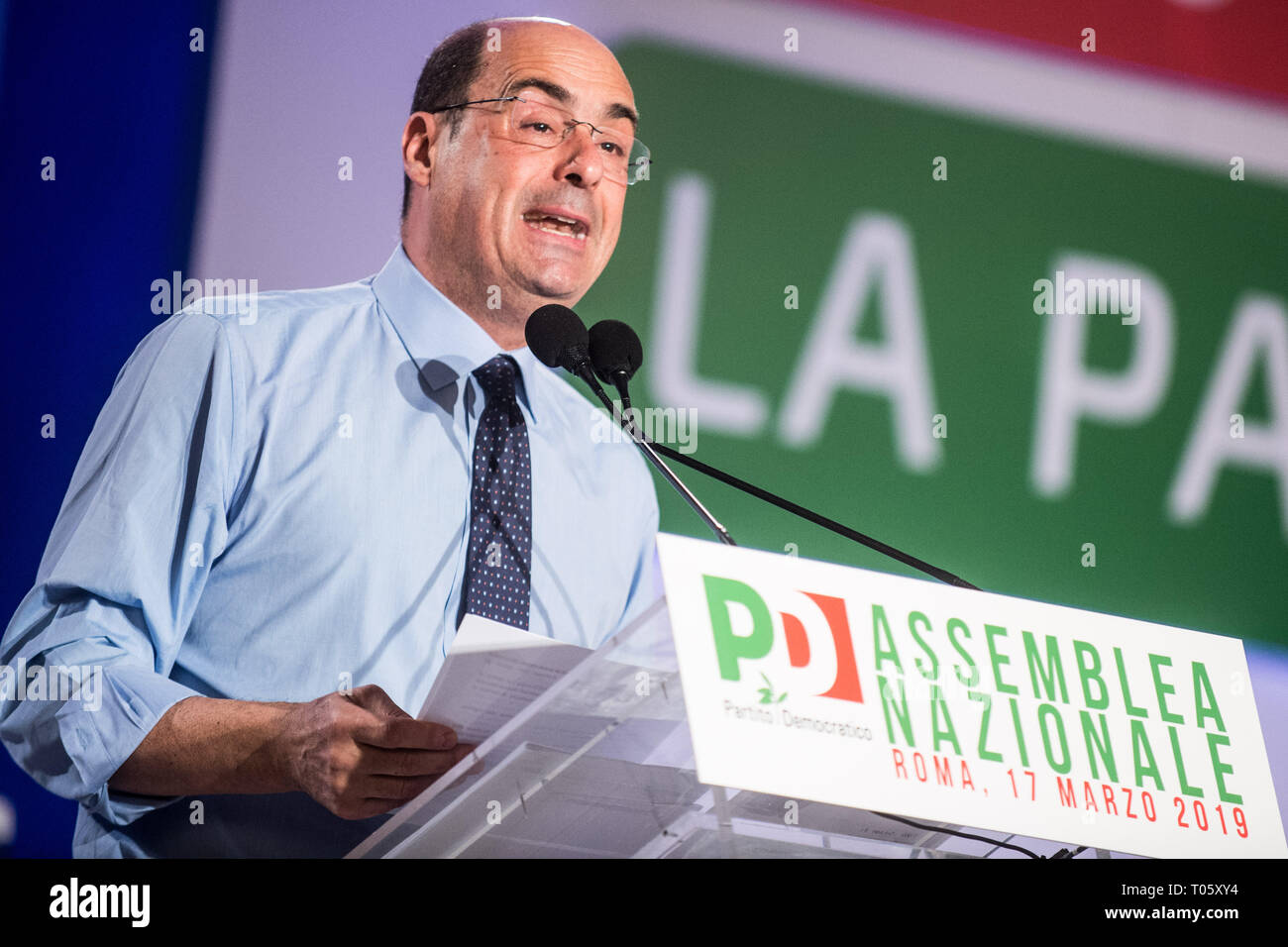 Foto di Valerio Portelli/LaPresse 17-03-2019 Roma, Italia Assemblea Nazionale PD Italiano Nella foto: Nicola Zingaretti Foto Valerio Portelli/LaPresse 17 marzo 2019 Roma, Italia PD Assemblea nazionale della politica nel pic: Nicola Zingaretti Foto Stock