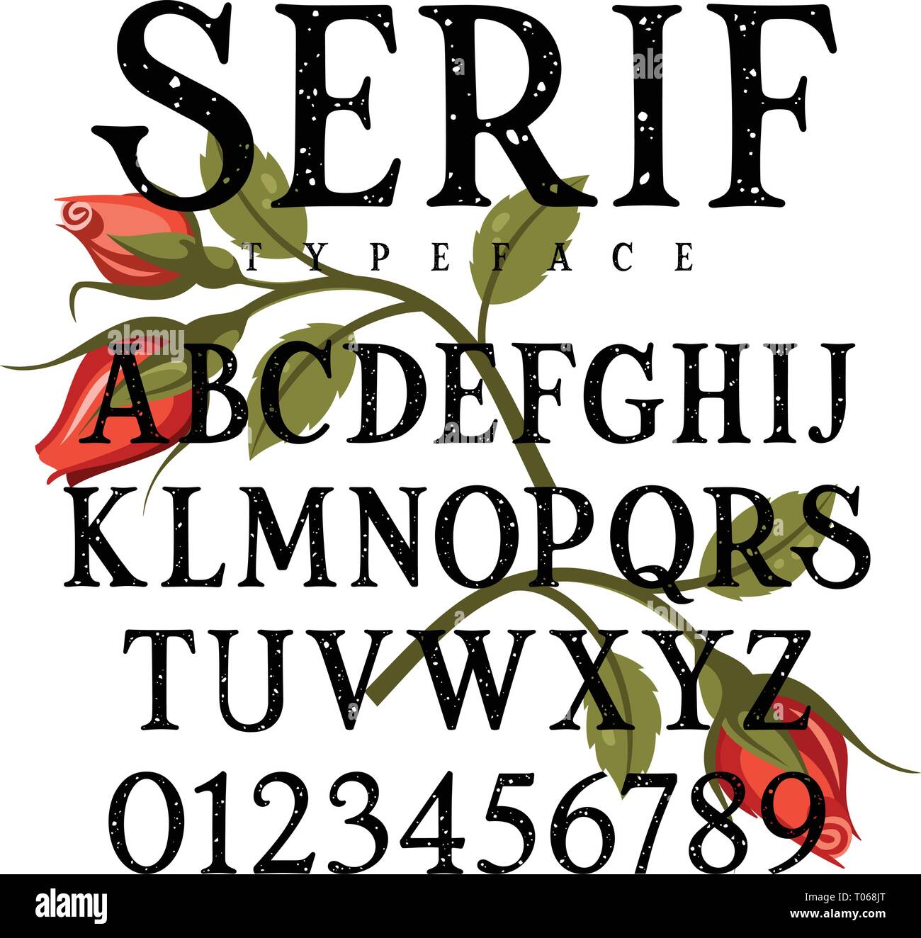 Grunge textured serif font. Vettore di fatti a mano alfabeto con rose rosse come decorazione. Utilizzare per t-shirt design, poster e per altri usi Illustrazione Vettoriale