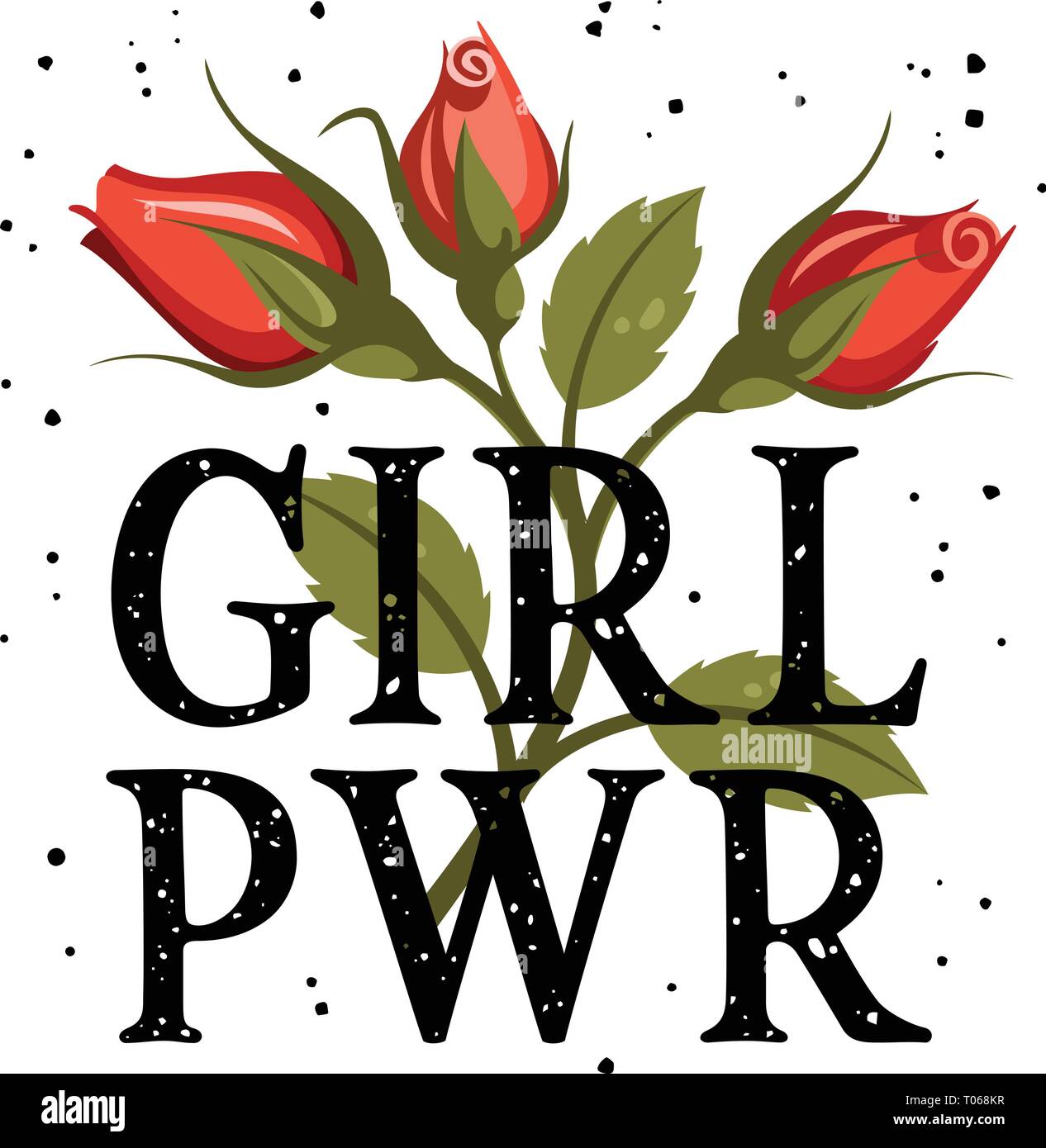 Girl power t-shirt design, slogan tipografia con rose rosse, ricami patch. Femmina Tee grafica. Vettori Illustrazione Vettoriale