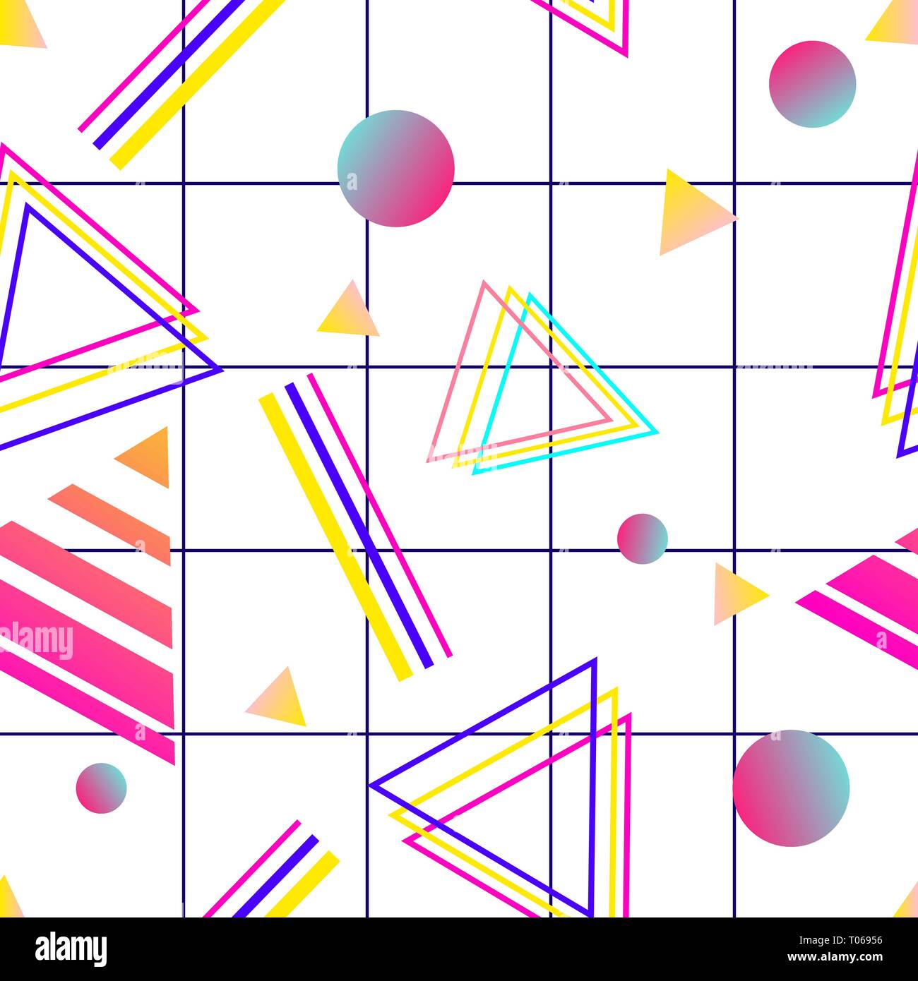 Vaporwave seamless 80's modello di stile con forme geometriche. Sfondo colorato con forme, gradienti e testo. Illustrazione Vettoriale