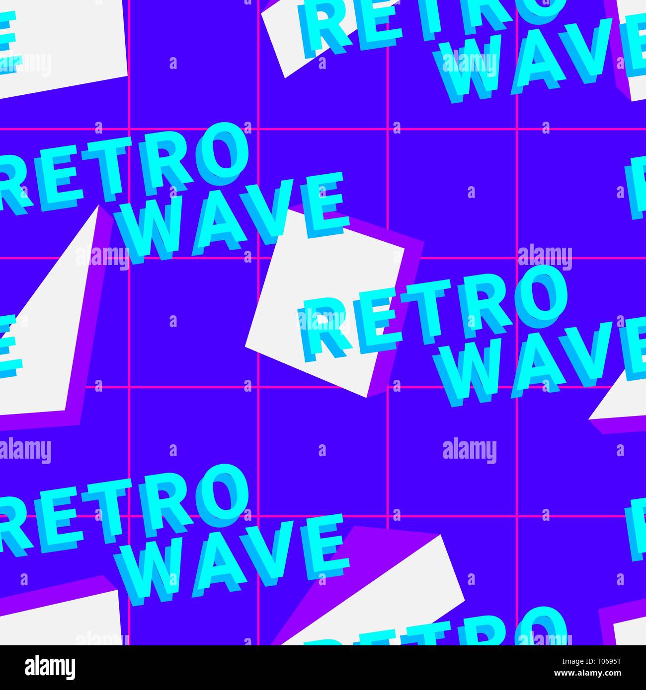 Vaporwave seamless 80's modello di stile con forme geometriche. Sfondo colorato con forme, gradienti e testo. Illustrazione Vettoriale