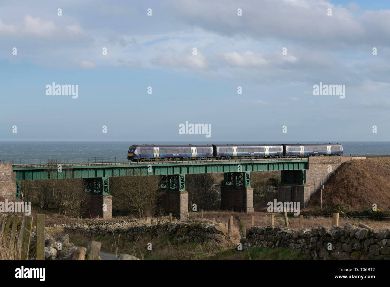 Un Scotrail Express Turbostar (in 'Saltyre' livrea) attraversa il ponte al mulino Muchalls sulla costa nord-est della Scozia vicino a Stonehaven Foto Stock