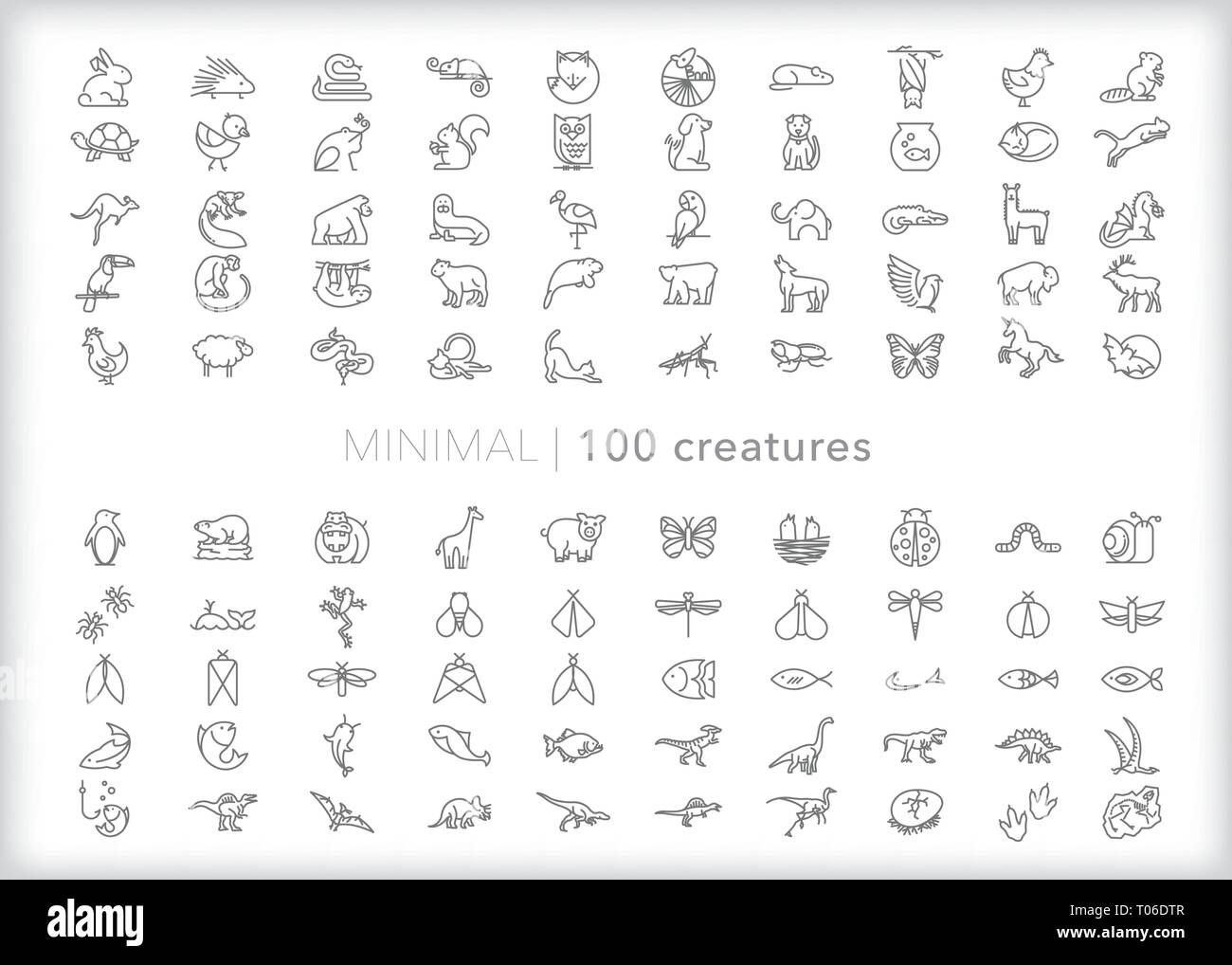 Set di 100 linea animale icone di animali domestici, animali da zoo, animali di fattoria, animali safari, pesci, rettili e mammiferi, dinosauri, insetti, bug e critters Illustrazione Vettoriale