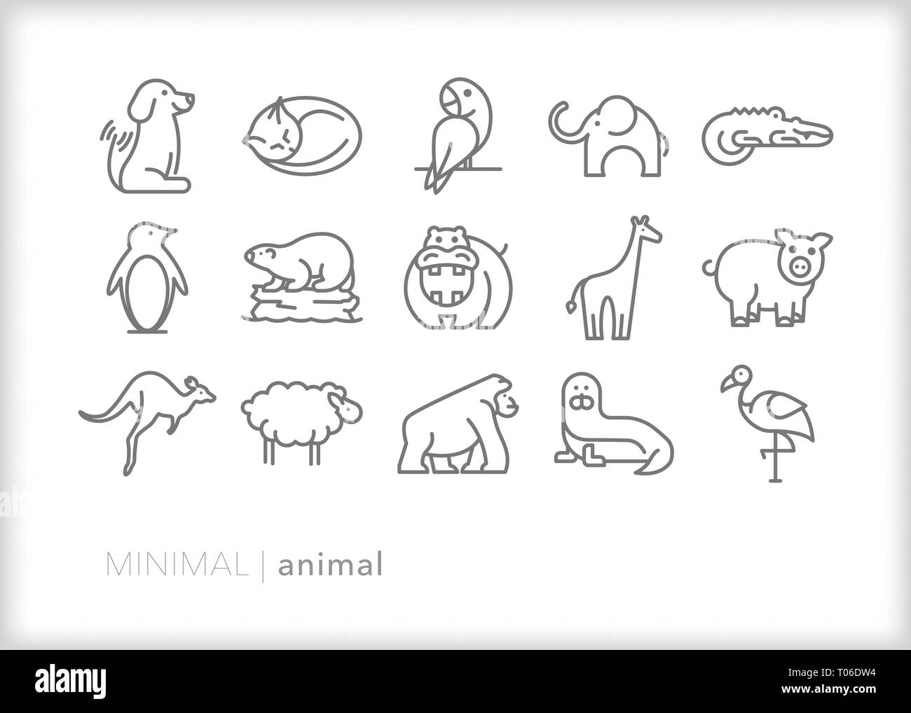 Set di 15 animali icone di linea degli animali da zoo, animali da fattoria e animali domestici comuni Illustrazione Vettoriale