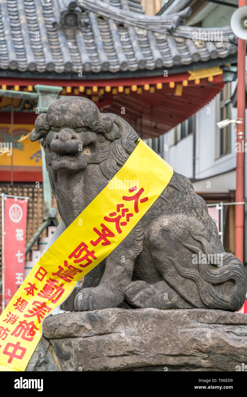 Asakusa, Tokyo, Giappone - 13 Novembre 2017: Agyo (a bocca aperta) in pietra scolpita Komainu Lion-dog custode in Asakusa Jinja o Sanja-sama (Santuario della compagnia Foto Stock