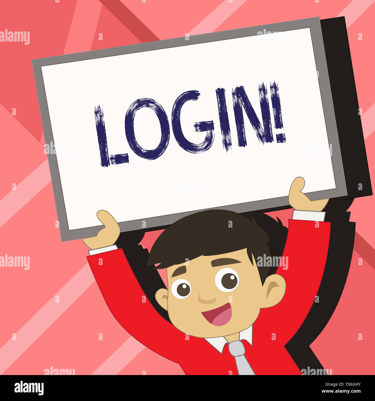 Parola di scrittura di testo Login. Business photo presentazione di atto di entrare in un database di computer o un sistema di avvio sessione giovane studente sorridente sollevamento U Foto Stock