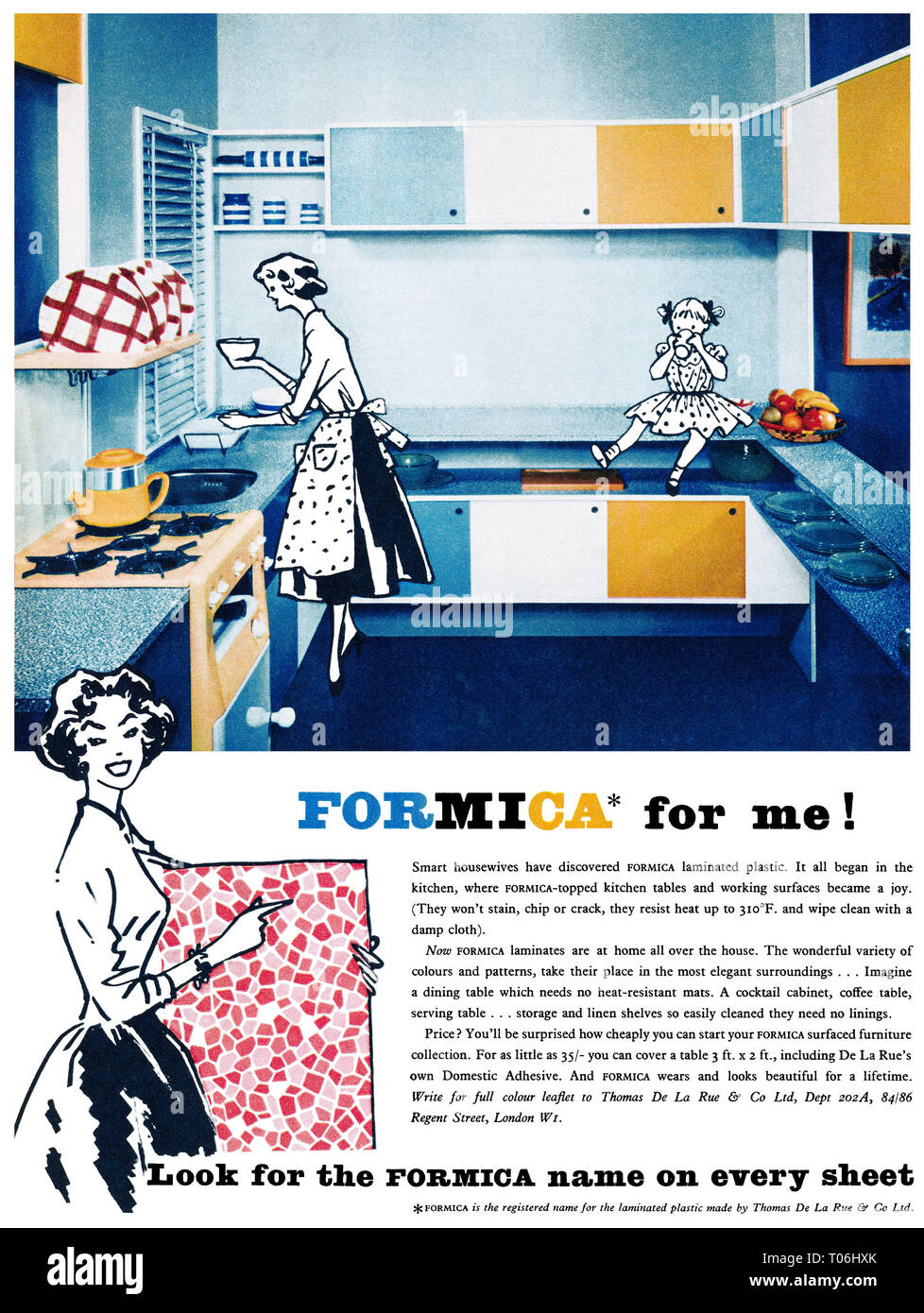 1957 British pubblicità per la formica laminato plastico superfici di  lavoro di cucine Foto stock - Alamy