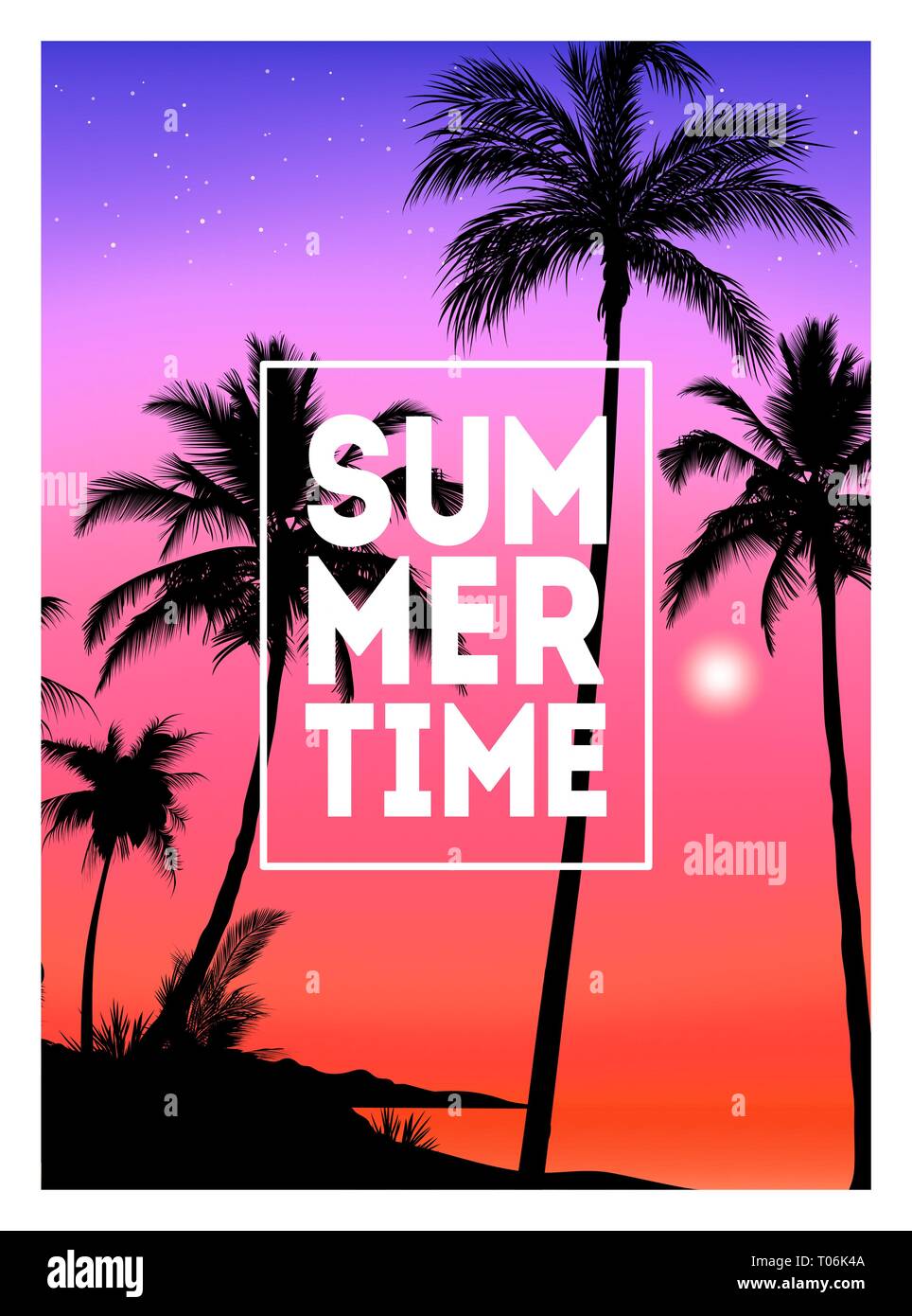 Estate sfondo tropicale con palme, sky e al tramonto. Targhetta di estate poster invito flyer card. Durante l'estate. Illustrazione Vettoriale