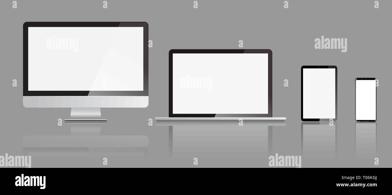 Serie di monitor realistico notebook tablet e smartphone mockups display con vista frontale. Illustrazione Vettoriale. Illustrazione Vettoriale