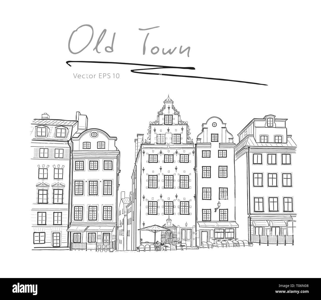 Svezia Stoccolma piazza commerciale mano bozzetto Illustrazione Vettoriale