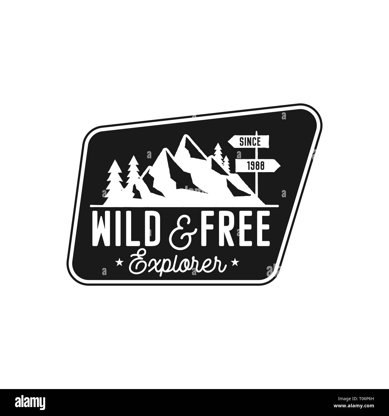 Camping Badge, avventura patch - wild e libera explorer preventivo. Viaggio Moutnain logo in stile monocromatico. Emblema retrò. Vettore di stock di escursionismo etichetta Illustrazione Vettoriale