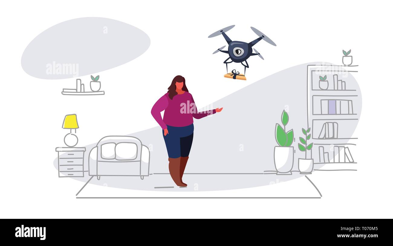 Grasso donna sovrappeso getting pacco regalo da quadcopter express air mail delivery da fuco concetto moderno appartamento living room interior disegno Illustrazione Vettoriale