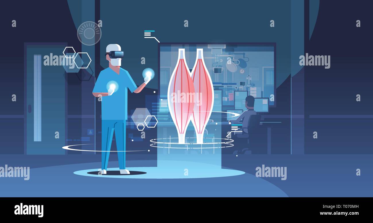 Medico di sesso maschile che indossa gli occhiali digitali cercando la realtà virtuale muscolo organo umano anatomia healthcare medical vr visione auricolare concetto operativo ospedale Illustrazione Vettoriale