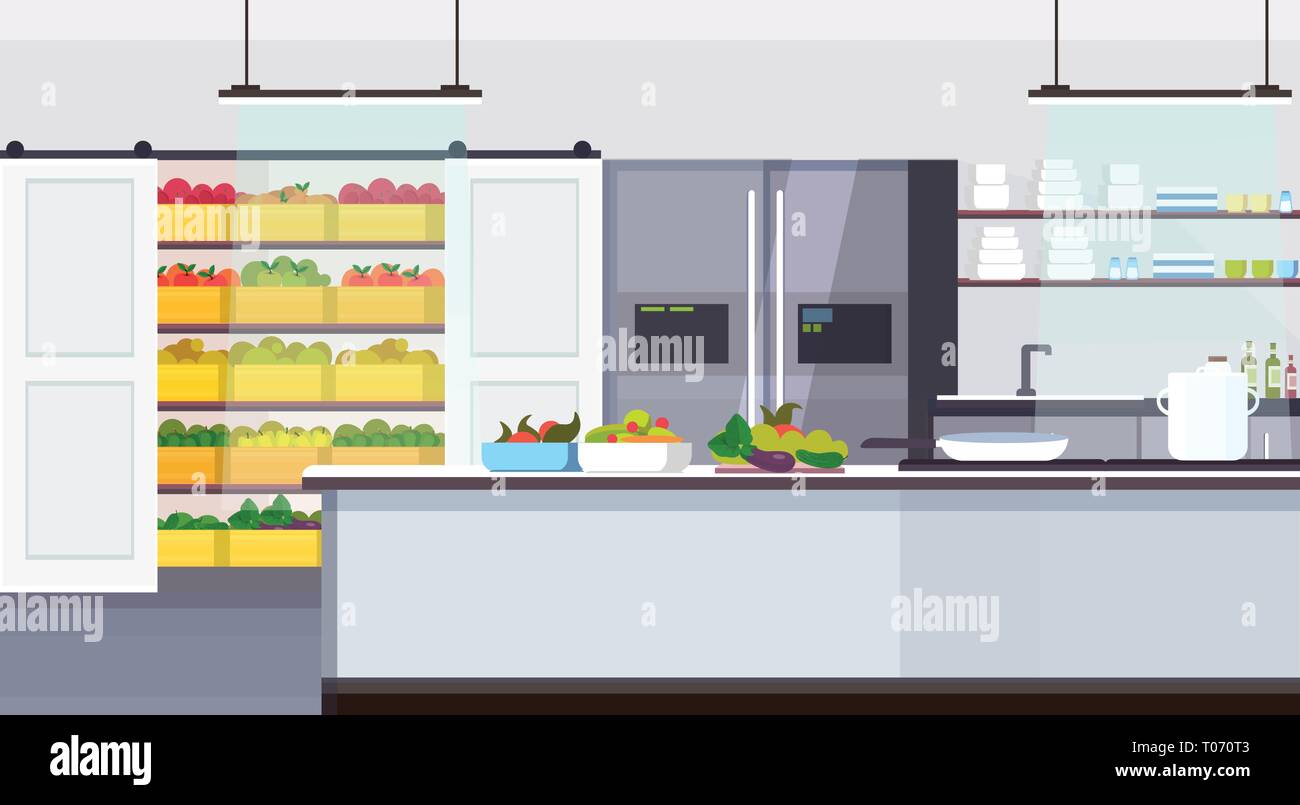 Commerciale moderna cucina ristorante interno con cibo sano frutta e verdura la cottura e concetto culinario vuota nessun popolo piana orizzontale Illustrazione Vettoriale