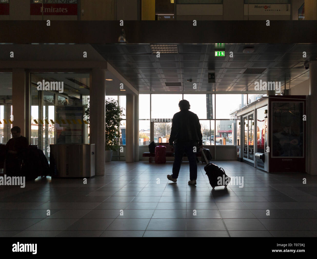 Viaggiatore a piedi con un carrello per i bagagli in un aeroporto Aeroporto  di Bologna, Italia Foto stock - Alamy