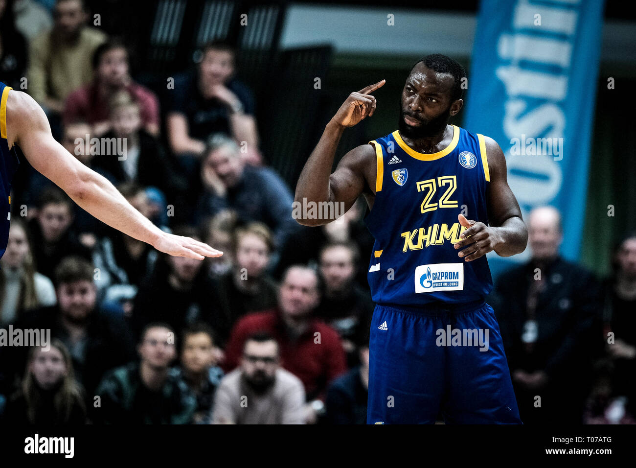 Tallinn, Estonia. Xvii Mar, 2019. Charles Jenkins di BC Khimki visto reagire durante il VTB United League come BC Kalev Cramo perso a BC Khimki 85:96 a Kalev Sports Hall a Tallinn. Credito: SOPA Immagini limitata/Alamy Live News Foto Stock