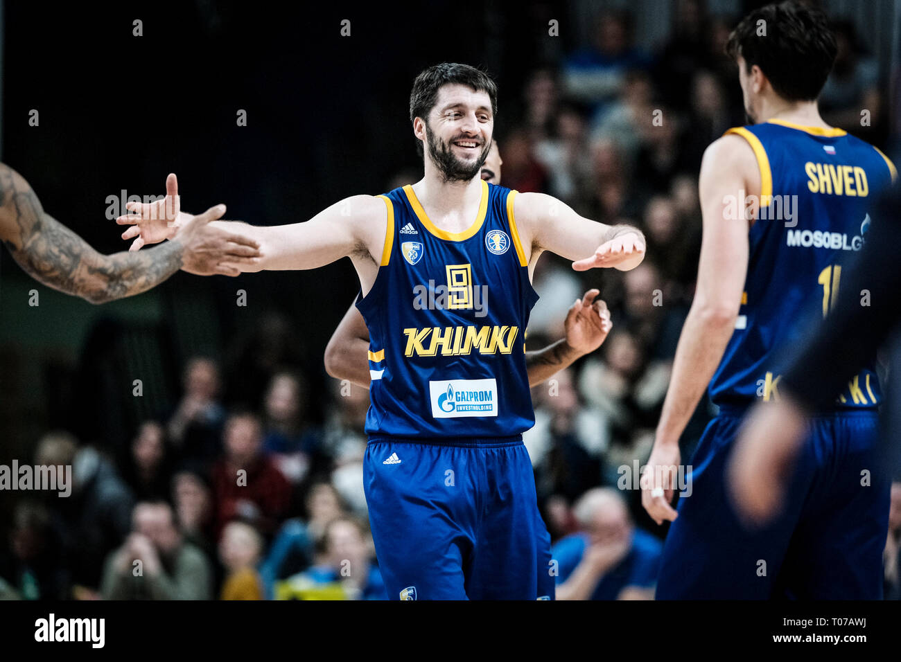 Tallinn, Estonia. Xvii Mar, 2019. Stefan Markovic di BC Khimki visto celebrare durante il VTB United League come BC Kalev Cramo perso a BC Khimki 85:96 a Kalev Sports Hall a Tallinn. Credito: SOPA Immagini limitata/Alamy Live News Foto Stock