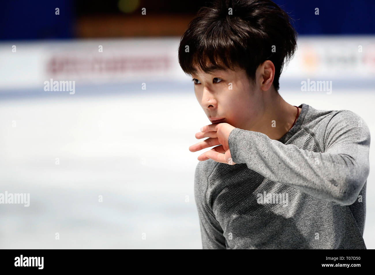 (190318) -- SAITAMA, Marzo 18, 2019 (Xinhua) -- Cinese figura skater Jin Boyang reagisce durante la sua sessione di allenamento davanti a 2019 ISU World Championships a Saitama Super Arena di Saitama, Giappone, Marzo 18, 2019. (Xinhua/Wang Lili) Foto Stock