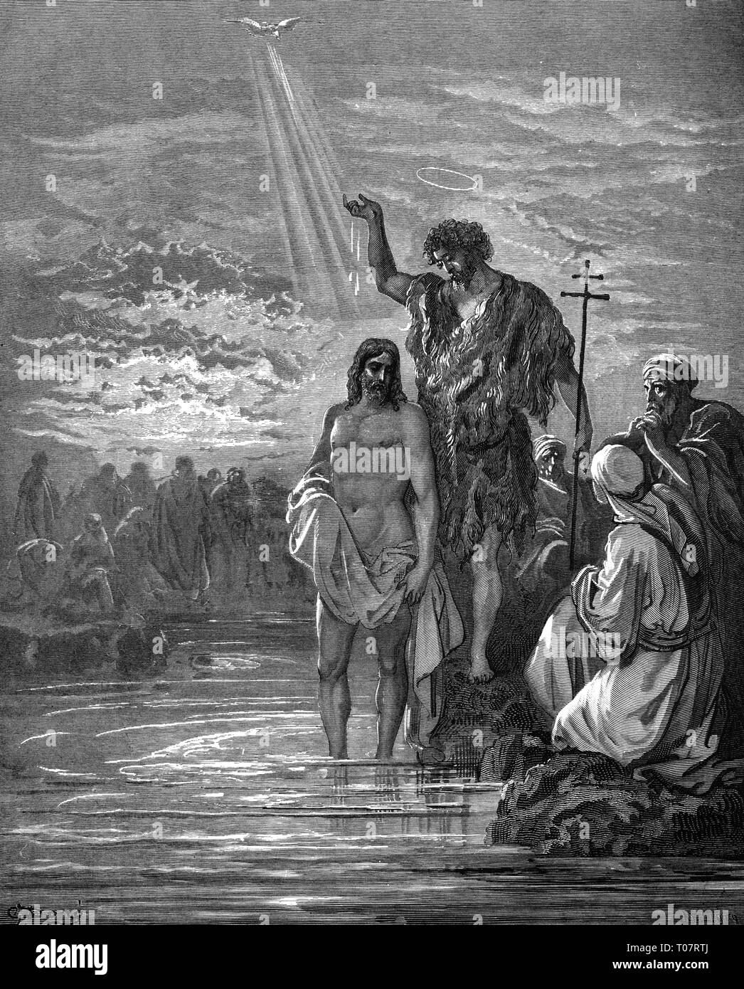 La religione, il cristianesimo, Gesù Cristo, le scene della sua vita, il battesimo di Gesù, incisione su legno da Gustav Dore (1832 - 1883), Tours, 1866, artista del diritto d'autore non deve essere cancellata Foto Stock