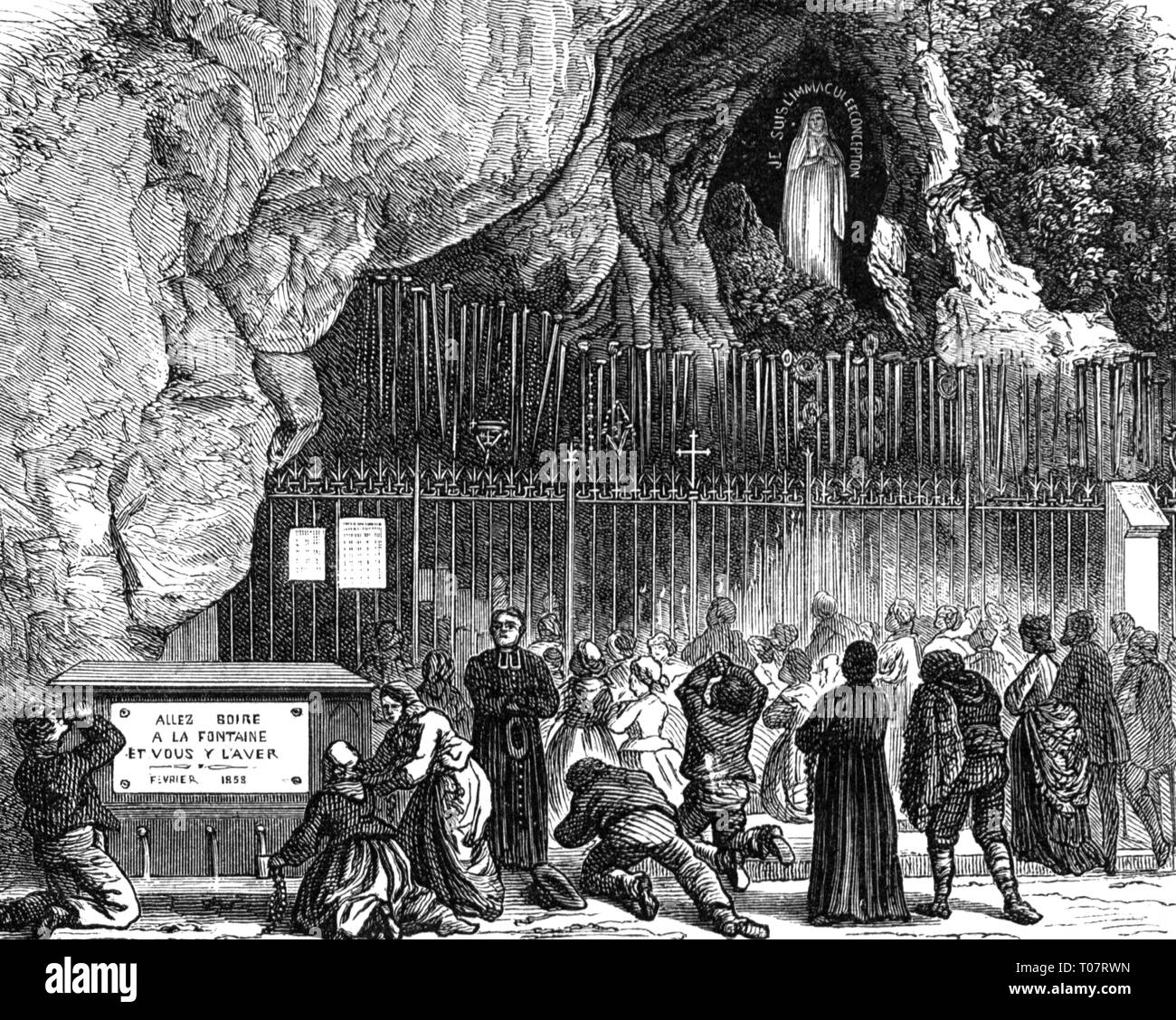 La religione, il cristianesimo, pellegrinaggio a Lourdes, la preghiera di fronte alla grotta di fronte con la Madonna, incisione su legno, seconda metà del XIX secolo, Additional-Rights-Clearance-Info-Not-Available Foto Stock