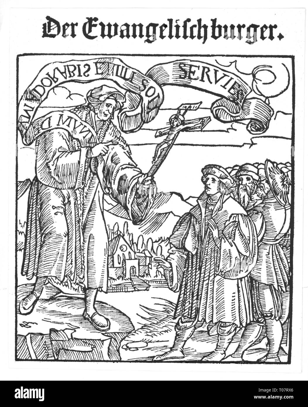 La riformazione 1517 - 1648, scrittura, 'Der Ewangelisch Burger" da Pamphilus Gengenbach, pamphlet polemico con riferimento su Thomas Murner, titolo xilografia, Basilea, 1522, artista del diritto d'autore non deve essere cancellata Foto Stock