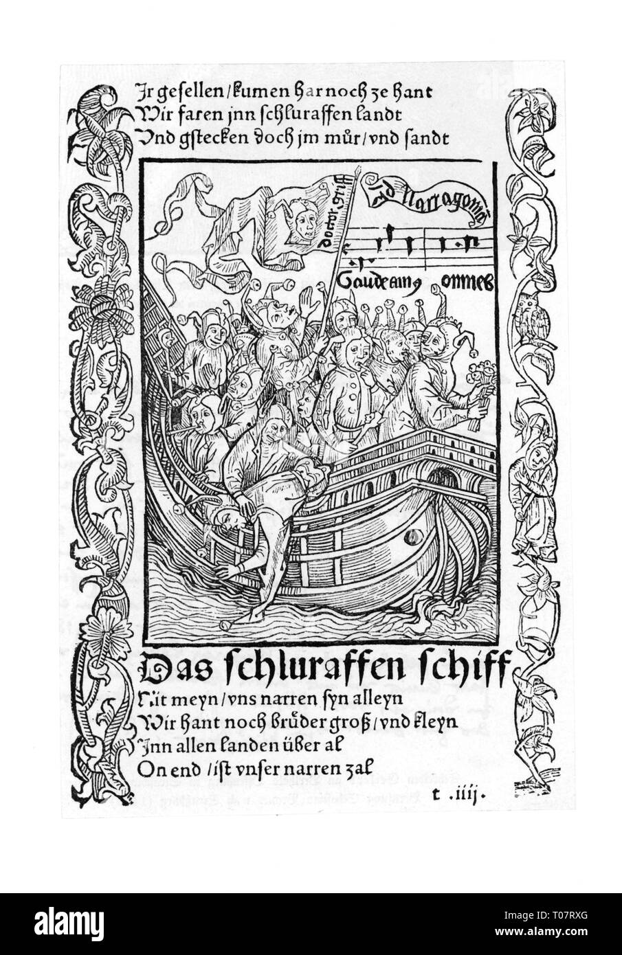 Letteratura, 'Ship degli stolti', da Sebastian Brant, xilografia, 'Il cuculo nave", prima edizione stampata da Johann Bergmann von Olpe, Basilea, 1494, Additional-Rights-Clearance-Info-Not-Available Foto Stock