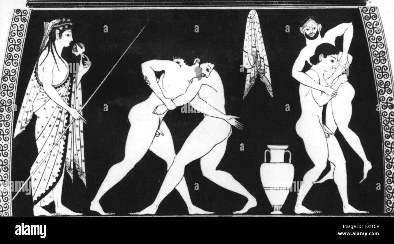 Sport, Giochi Olimpici, il mondo antico, wrestling, due coppie di lottatori e di un arbitro, rosso figurato anfora, 525 - 500 BC, lottatore, lottatori, match wrestling, wrestling corrispondenze, Giochi Olimpici, Olimpiadi, Olimpiade, sport, Grecia, VI secolo a.c. tra uomini, l'uomo, maschio, Manly, gioco, giochi, mondo antico, antichità, wrestling, lottano, arbitro, ref, arbitri, anfora, anfore, storico, storico, artista del diritto d'autore non deve essere cancellata Foto Stock