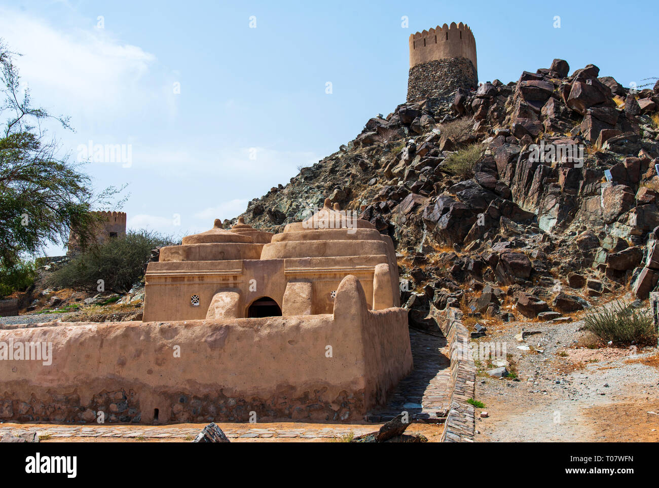 Al Bidya moschea storica e fort nell Emirato di Fujairah negli Emirati Arabi Uniti Foto Stock