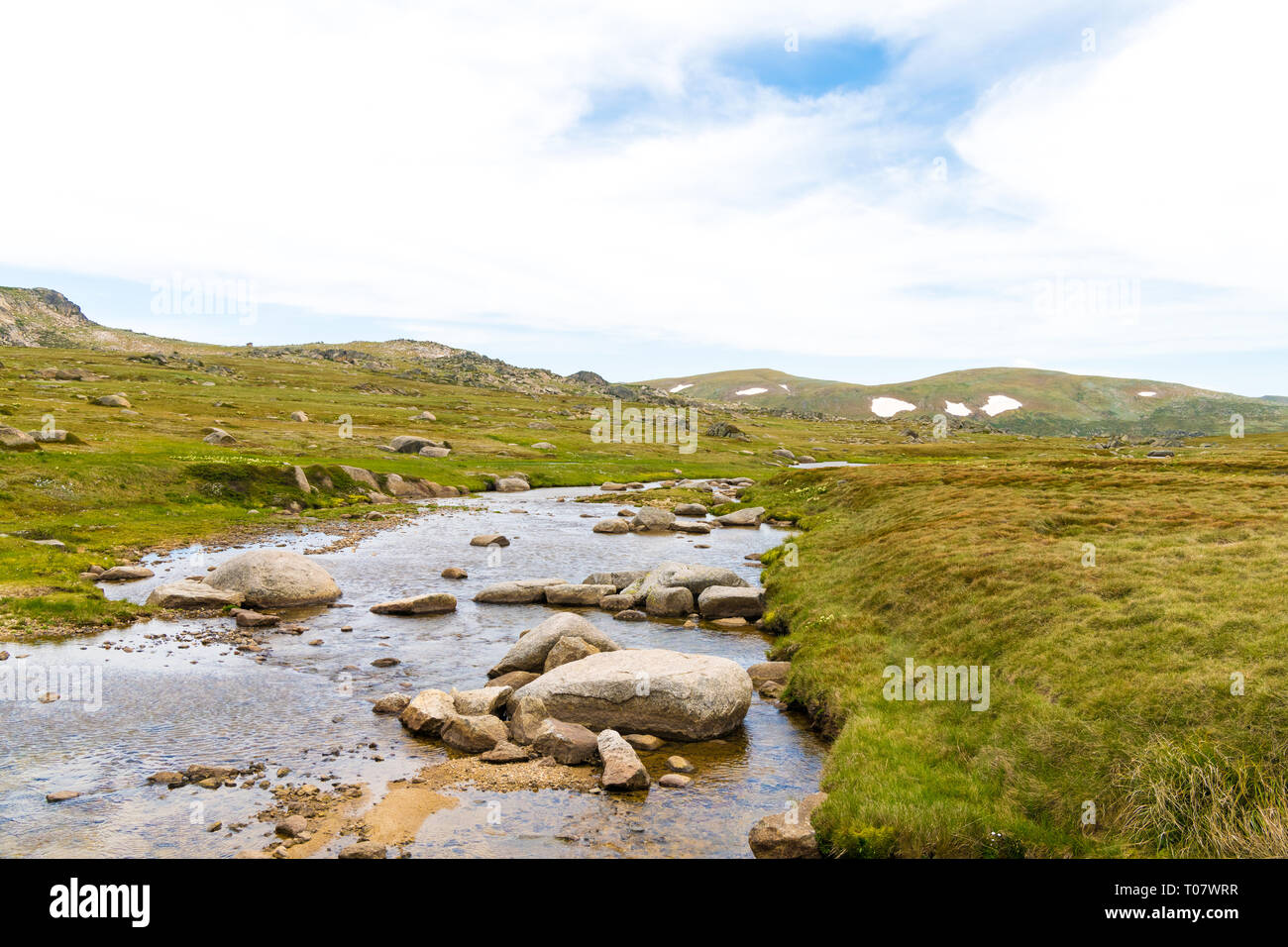 Vista sul Fiume nevoso nel Kosciuszko National Park, NSW, Australia. Sullo sfondo della natura con piante e vegetazione. Foto Stock
