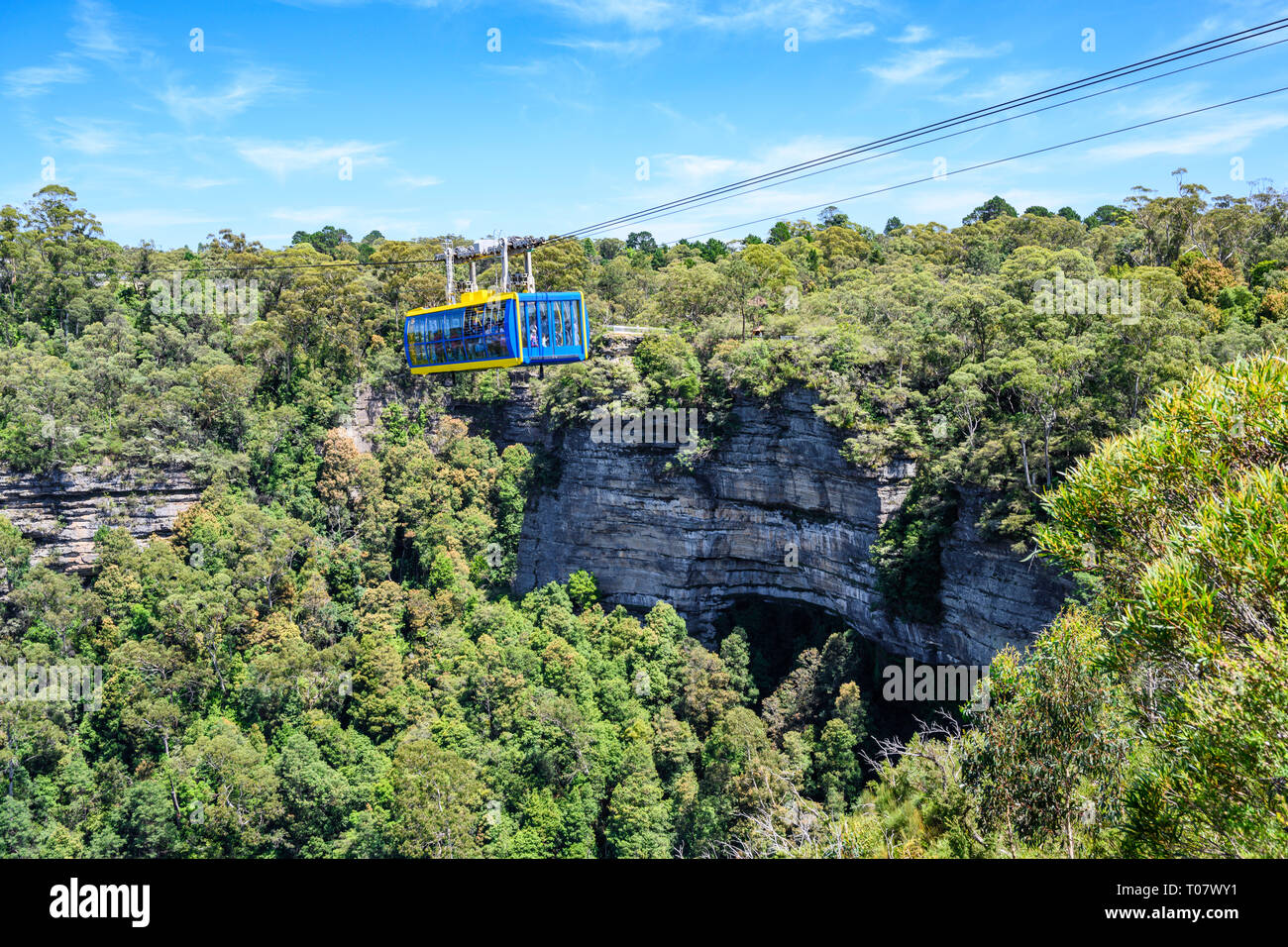 Scenic Skyway funivia presso Scenic World attrazione turistica, Katoomba, il Parco Nazionale Blue Mountains, Nuovo Galles del Sud, Australia. Foto Stock