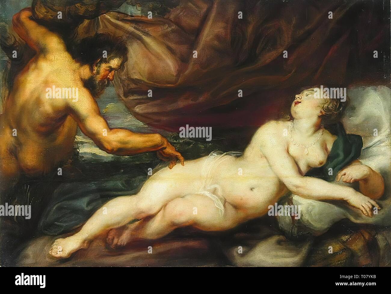 "Giove e ANTIOPE". Le Fiandre. Dimensioni: 70x102 cm. Museo: Membro Hermitage di San Pietroburgo. Autore: Peter Paul Rubens (Pietro Pauolo) (scuola di). Foto Stock