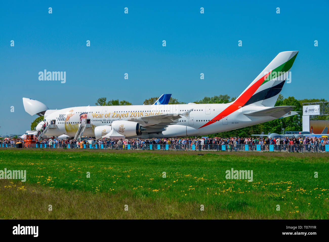 Airbus A 380 Emirati ILA 2018, Schoenefeld, Brandeburgo, Deutschland Foto Stock