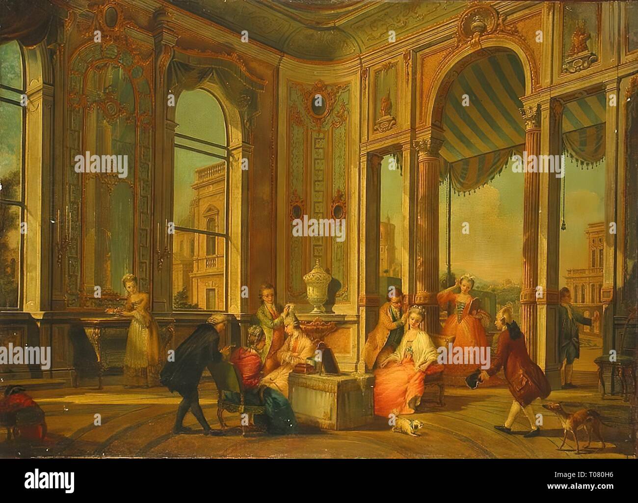 "Barberia". L'Italia, XVIII secolo. Dimensioni: 88x121 cm. Museo: Membro Hermitage di San Pietroburgo. Autore: artista sconosciuto della scuola veneziana. Il XVIII secolo. Foto Stock